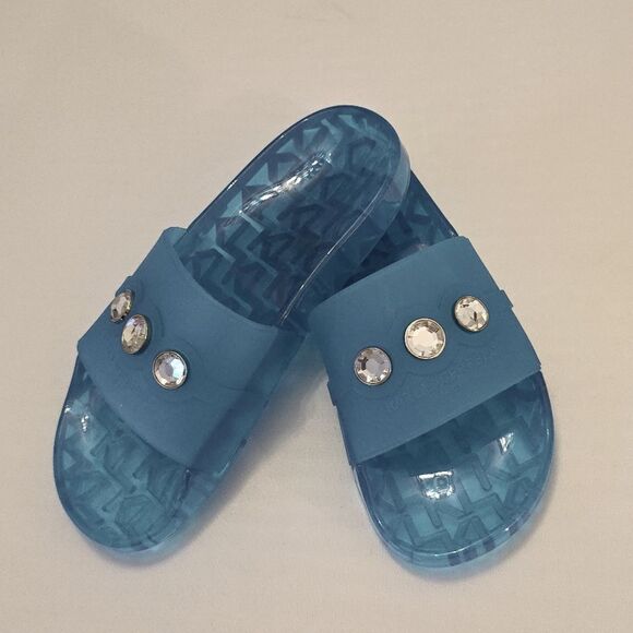 BRAND NEW KARL LAGERFELD TEAL SLIDE with CRYSTAL DETAILS SANDAL R3 - Picture 12 of 16